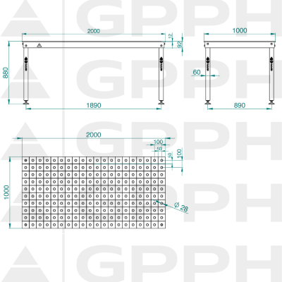 Technische tekening Lastafel BASIC 2000x1000 mm fi28 100x100 op voeten