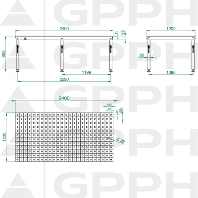 Technische tekening Lastafel BASIC 2400x1200 mm fi28 100x100 op voeten