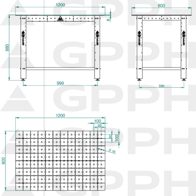 Technische tekening Las- en assemblagetafel DIY 1200 x 800 mm fi16 50x50 op voeten