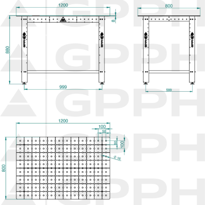 Desenho técnico Mesa de soldadura DIY 1200x800 mm fi16 50x50 nos pés Desenho técnico Mesa de soldadura DIY 1200x800 mm fi16 50x50 nos pés