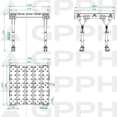 Modüler kaynak masası, tekli, nitrürlenmiş 1000x1000 mm sistemi 28mm, ızgara 100x100, tekni̇k çi̇zi̇m