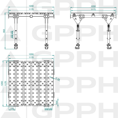 Technical drawing Masă de sudură modulară, simplă 1200x1200 mm fi28 100x100