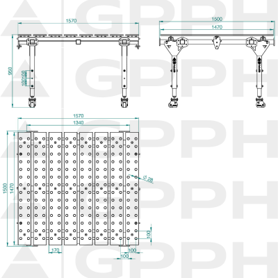 Masă de sudură modulară, simplă Technical drawing 1600x1500 mm fi28 100x100