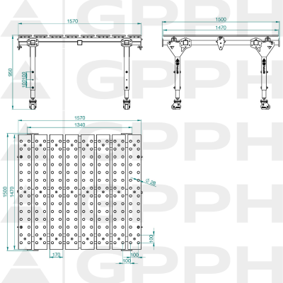 Modulaire lastafel, enkel Technische tekening 1600x1500 mm fi28 100x100