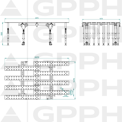Technische tekening Inklapbare enkele modulaire lastafel, genitreerd 2670x1600 mm fi28 100x100