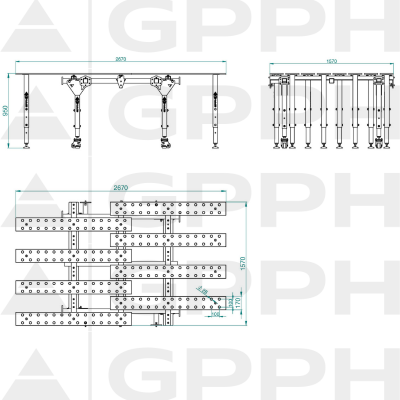 Technical drawing Masă de sudură modulară, pliabilă simplu, nitrurată 2670x1600 mm fi28 100x100