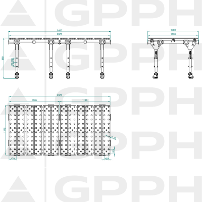 Technical drawing Masă de sudură modulară, dublă, nitrurată 2400x1200 mm fi28 100x100