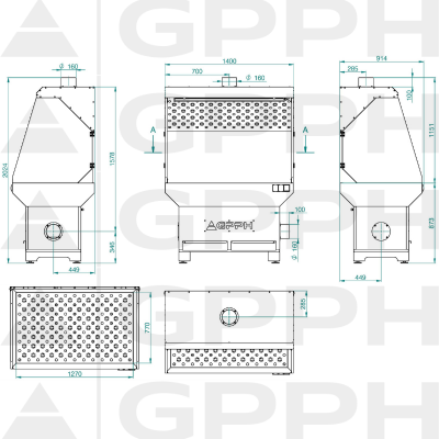 Technical drawing Grinding-welding station - base with overhead extraction 1270x770