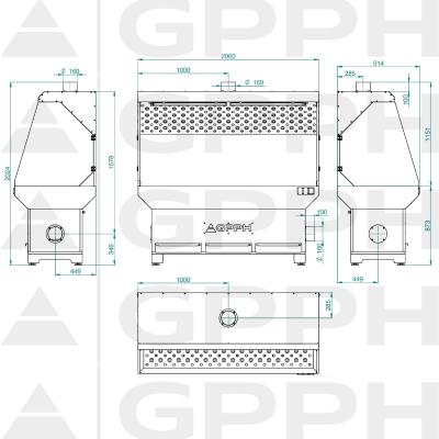 Technische tekening Slijpen-lassen station 1870x770mm - Basis met bovenafzuiging