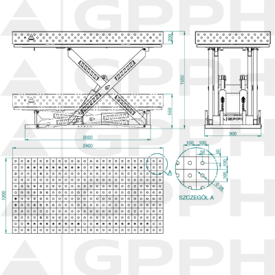 Technical drawing Welding table XWT ECO 2400x1200 mm fi28 100x100