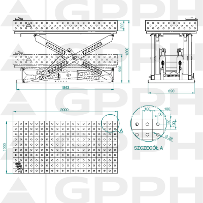 Technical drawing Welding table XWT ECO 2000x1000 mm fi28 100x100