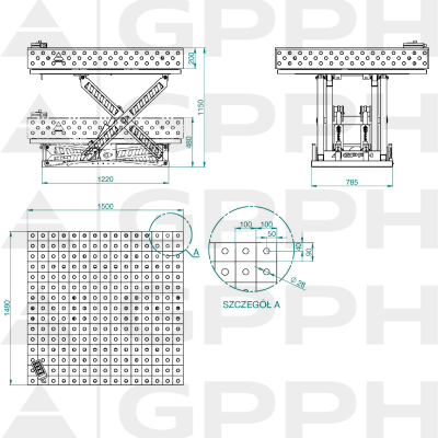 Technical drawing Welding table XWT ECO 1500x1480 mm fi28 100x100