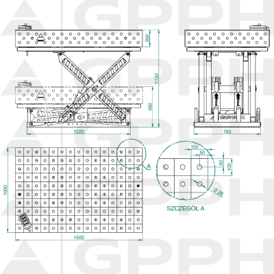 Technical drawing Welding table XWT ECO 1500x1000 mm fi28 100x100