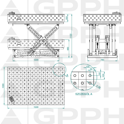 Technical drawing Welding table XWT PLUS 1500x1000 mm fi28 100x100