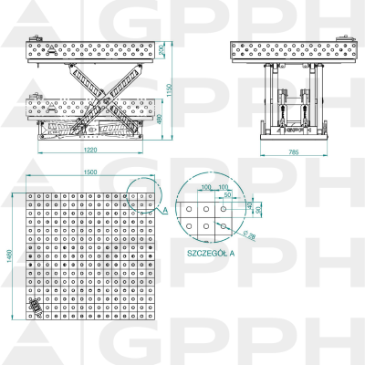 Technical drawing Welding table XWT PLUS 1500x1480 mm fi28 100x100