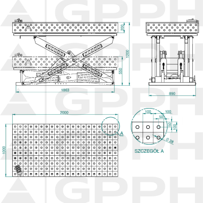 Techninis brėžinys Suvirinimo stalas XWT PLUS 2000x1000 mm fi28 100x100