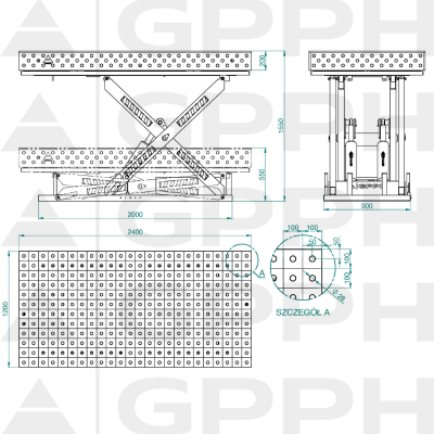 Technical drawing Welding table XWT PLUS 2400x1200 mm fi28 100x100