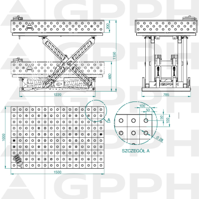 Technical drawing Welding table XWT PRO 1500x1000 mm fi28 100x100