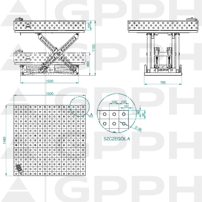 Technical drawing Welding table XWT PRO 1500x1480 mm fi28 100x100