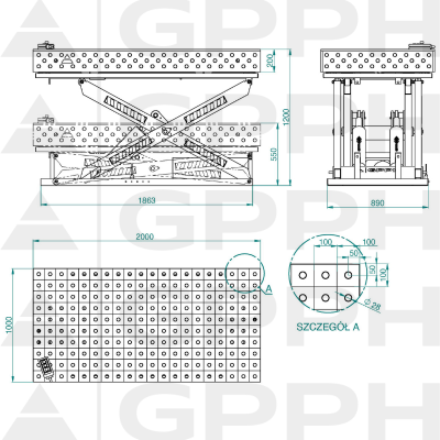 Technische tekening Lastafel XWT PRO 2000x1000 mm fi28 100x100