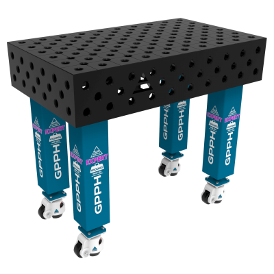 Svejsebord EXPERT Størrelse - 1000x600mm, Gitter - diagonal, System - Φ28, Ben - på hjul