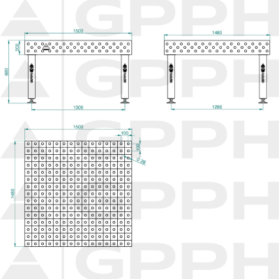 Lastafel PRO Rooster - 100x100mm, System - Φ28, Maat - 1500x1480mm, Benen - Op voeten Technische tekening Lastafel PRO Rooster - 100x100mm, System - Φ28, Maat - 1500x1480mm, Benen - Op voeten Technische tekening