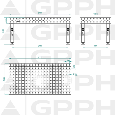 Zvárací stôl PRO Mriežka 100x100mm, Systém - Φ28, Rozmer - 2000x1000mm, Nohy - Na nohách Technický nákres Zvárací stôl PRO Mriežka 100x100mm, Systém - Φ28, Rozmer - 2000x1000mm, Nohy - Na nohách Technický nákres