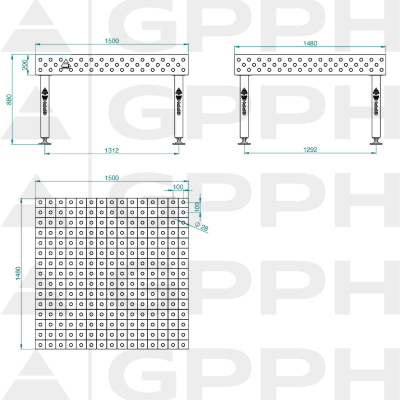 Svejsebord PLUS Størrelse - 1500x1480mm, Gitter - 100x100mm, System - Φ28, Ben - På fødderne - teknisk tegning