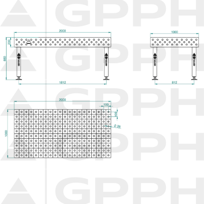 Svejsebord PLUS Størrelse - 2000x1000mm, Gitter - 100x100mm, System - Φ28, Ben - På fødderne - teknisk tegning