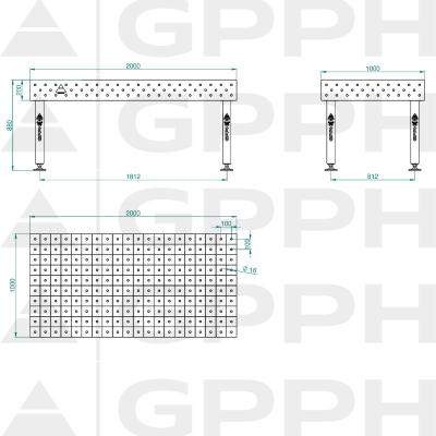 Svejsebord PLUS Størrelse - 2000x1000mm, Gitter - 100x100mm, System - Φ16, Ben - På fødderne - teknisk tegning