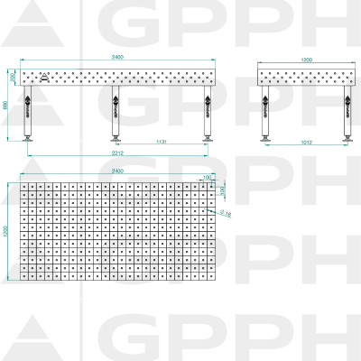 Metināšanas galds PLUS Izmērs - 2400x1200mm, Tīkls - 100x100mm, Sistēma - Φ16, Kājas - uz pēdām - tehniskais rasējums