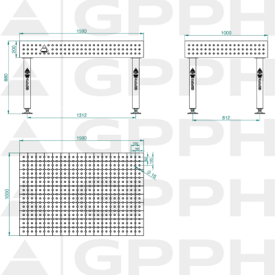 Svejsebord PLUS Størrelse - 1500x1000mm, Gitter - 50x50mm, System - Φ16, Ben - På fødderne - teknisk tegning