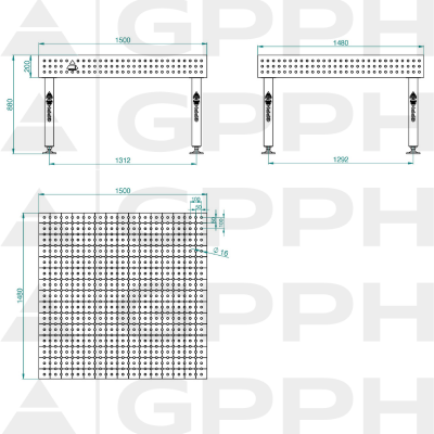 Table de soudage PLUS Taille - 1500x1480mm, Grille - 50x50mm, Système - Φ16, Pattes - Sur les pieds - schéma technique Table de soudage PLUS Taille - 1500x1480mm, Grille - 50x50mm, Système - Φ16, Pattes - Sur les pieds - schéma technique