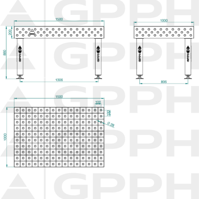 Sveisebord PRO Rutenett - 100x100mm, System - Φ28, Størrelse - 1500x1000mm, Ben - På føttene Teknisk tegning Sveisebord PRO Rutenett - 100x100mm, System - Φ28, Størrelse - 1500x1000mm, Ben - På føttene Teknisk tegning