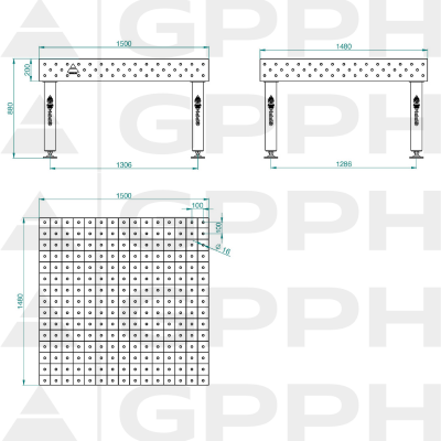 Lastafel PRO Rooster - 100x100mm, System - Φ16, Maat - 1500x1480mm, Benen - Op voeten Technische tekening Lastafel PRO Rooster - 100x100mm, System - Φ16, Maat - 1500x1480mm, Benen - Op voeten Technische tekening