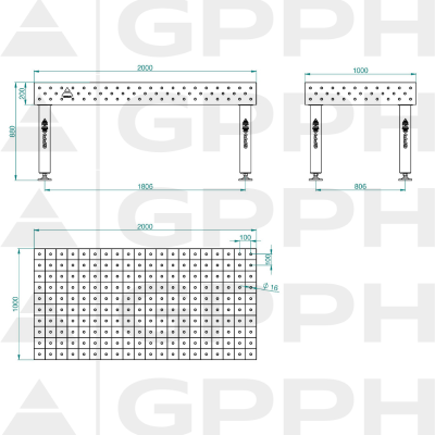Svejsebord PRO Gitter - 100x100mm, System - Φ16, Størrelse - 2000x1000mm, Ben - På fødderne Teknisk tegning Svejsebord PRO Gitter - 100x100mm, System - Φ16, Størrelse - 2000x1000mm, Ben - På fødderne Teknisk tegning