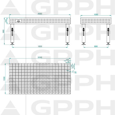 Sveisebord PRO Rutenett - 50x50mm, System - Φ16, Størrelse - 2000x1000mm, Ben - På føttene Teknisk tegning