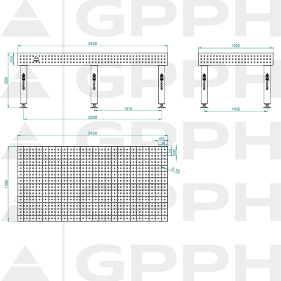 Svejsebord PRO Gitter - 50x50mm, System - Φ16, Størrelse - 2400x1200mm, Ben - På fødderne Teknisk tegning
