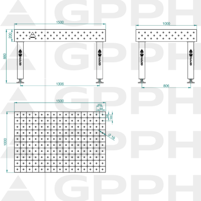 Mesa de soldadura PRO Grelha - diagonal, Sistema - Φ16, Tamanho - 1500x1000mm, Pernas - Nos pés Desenho técnico