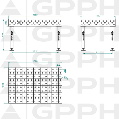 Metināšanas galds PLUS Izmērs - 1500x1000mm, Tīkls - 100x100mm, Sistēma - Φ28, Kājas - uz pēdām - tehniskais rasējums Metināšanas galds PLUS Izmērs - 1500x1000mm, Tīkls - 100x100mm, Sistēma - Φ28, Kājas - uz pēdām - tehniskais rasējums