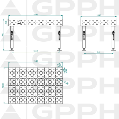 Welding table PLUS Size - 1500x1000mm, Grid - diagonal, System - Φ28, Legs - On feet - technical drawing