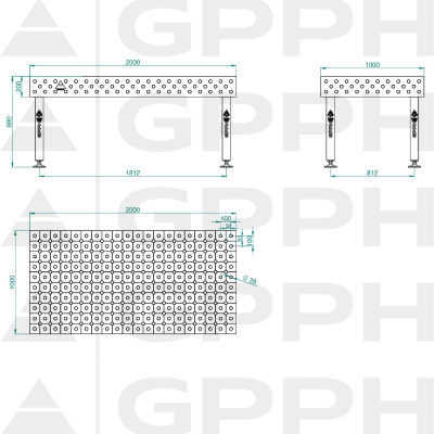 Lastafel PLUS Maat - 2000x1000mm, Rooster - diagonaal, System - Φ28, Benen - Op voeten - technische tekening Lastafel PLUS Maat - 2000x1000mm, Rooster - diagonaal, System - Φ28, Benen - Op voeten - technische tekening