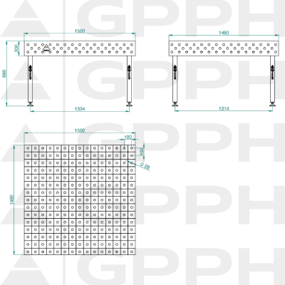 Lastafel ECO 1500x1480 mm fi28 100x100 op voeten Technische tekening Lastafel ECO 1500x1480 mm fi28 100x100 op voeten Technische tekening