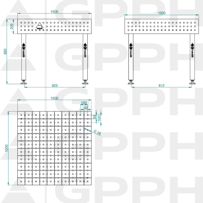 Welding table ECO 1000x1000 mm fi16 50x50 on feet Technical drawing
