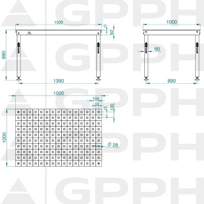 Desenho técnico Mesa de soldadura BASIC 1500x1000 mm fi28 100x100 nos pés