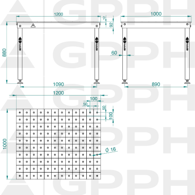 Technical drawing Welding table BASIC 1200x1000 mm fi16 100x100 on feet