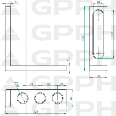 Vinkelbeslag 185x175mm, System - Φ28, Serie - PRO teknisk tegning