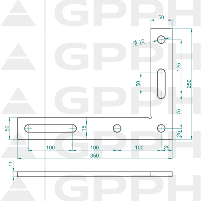Vinkelpræcisionsfirkant (flad) 350x250mm, System - Φ16, Serie - PLUS teknisk tegning