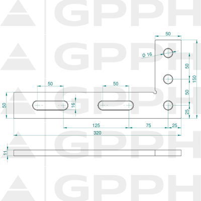 Équerre plate 320x150mm, Système - Φ16, Série - PLUS schéma technique Équerre plate 320x150mm, Système - Φ16, Série - PLUS schéma technique