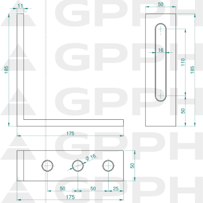 Vinkelbeslag 185x175mm, System - Φ16, Serie - PLUS teknisk tegning